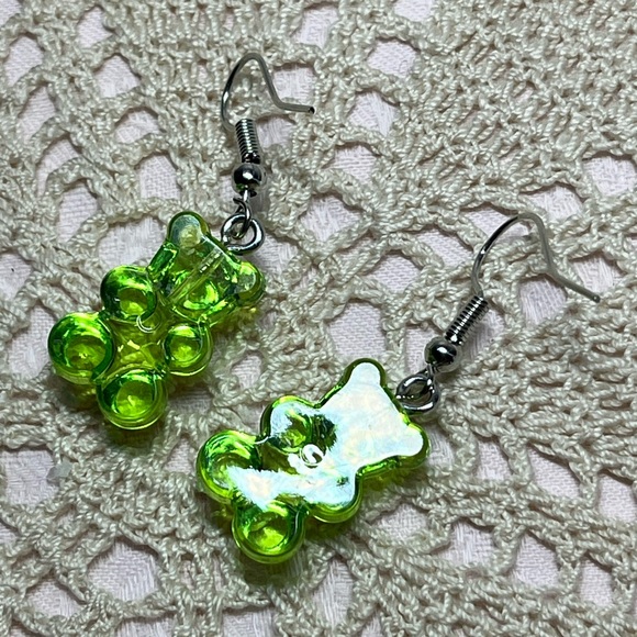 CUTE!! Green Emerald Colored Gummy Bear Earrings - Picture 3 of 5
